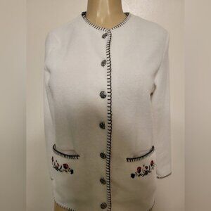 Laura Daniels White Cardigan Christmas Embroidered Holiday CottageCore Vintage